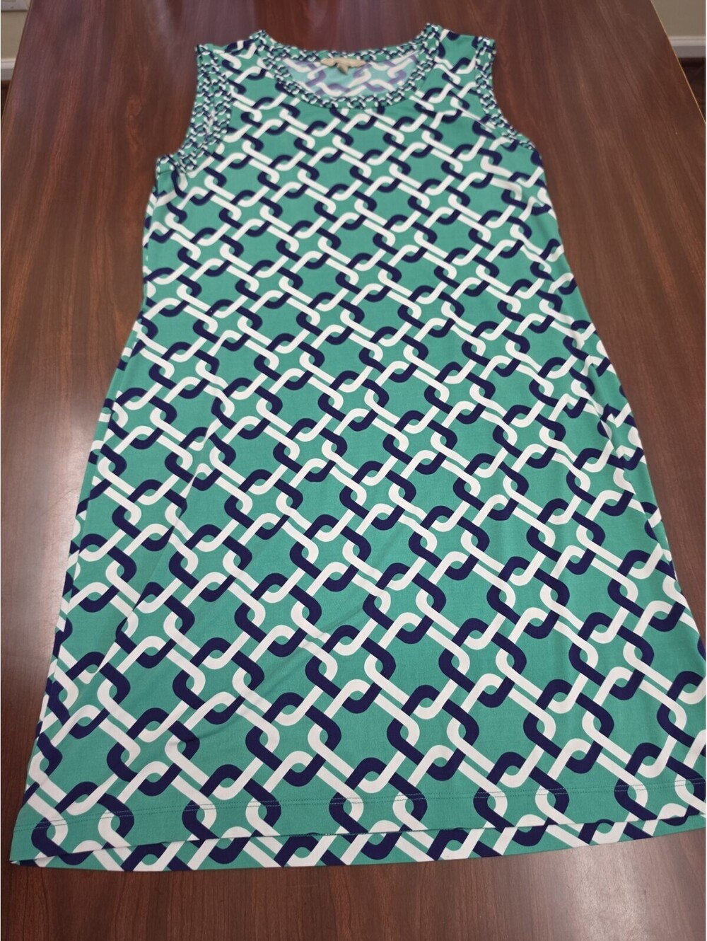 Banana Republic Shift Dress Large Green Blue Chain Link Sleeveless Midi Preppy